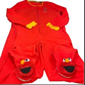 Tickle Me Elmo RED FLEECE Full zip Pajamas 1 Piece, Slipper Feet, Funny Adult XL